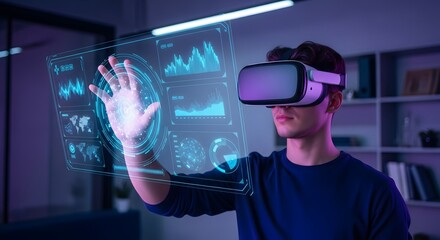 Futuristic Data Interaction: Man in VR Headset Engages with Holographic Charts Next-Gen Workspace: VR User Explores Interactive Charts in a Sleek, Modern Room 