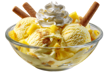 Delicious pineapple ice cream sundae topped with whipped cream and wafer cookies in a glass bowl