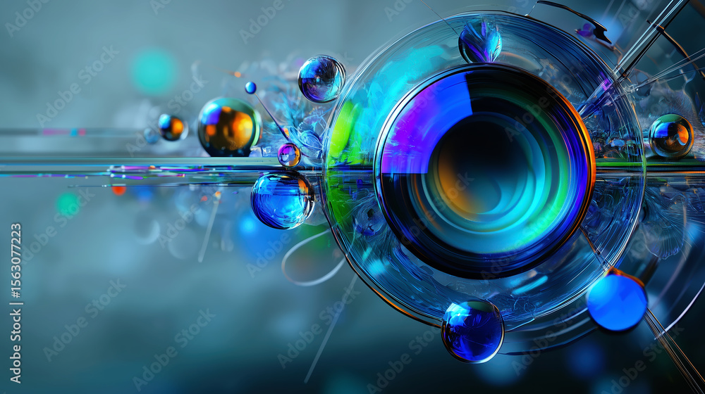 Poster futuristic abstract image of a high-tech camera lens surrounded by orbiting spheres, symbolizing tec