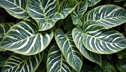 Obraz premium Striking close-up of vibrant green leaves with bold white stripes, perfect for showcasing natural patterns.
