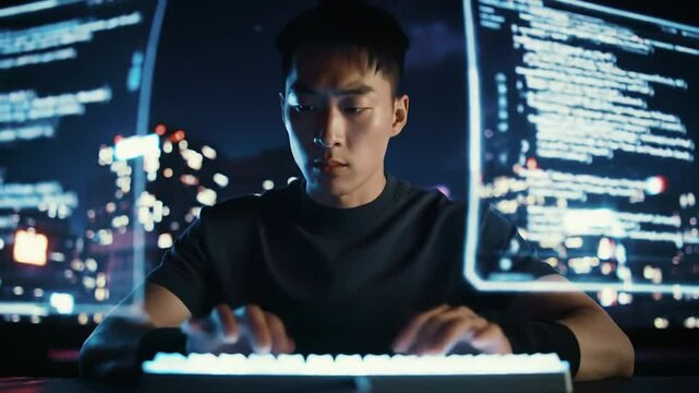 Handsome Asian man manipulating multiple floating transparent holographic screens in a sleek futuristic workspace