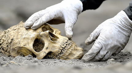 A forensic scientist or archaeologist in gloves carefully excavates a human skull from the earth at a crime scene or dig site.