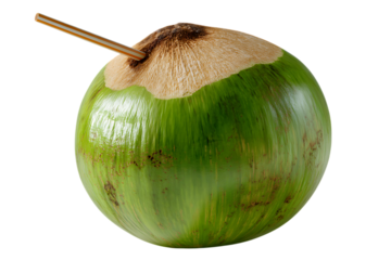 Fresh green coconut with a straw inserted ready for drinking on a black background