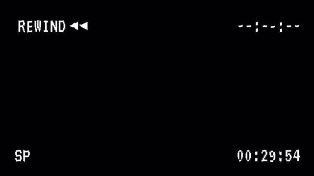 VHS Rewind Screen Overlay with Timecode on Black background. 4K Video
