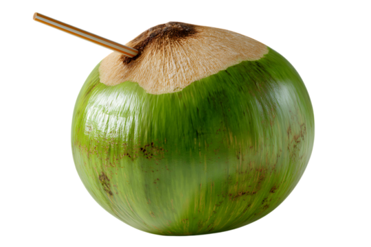 Fresh green coconut with a straw inserted ready for drinking on a black background