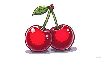 Two vibrant red cherries with green stems. Represents fruit, healthy snacks, or natural produce. Juicy and appealing.

