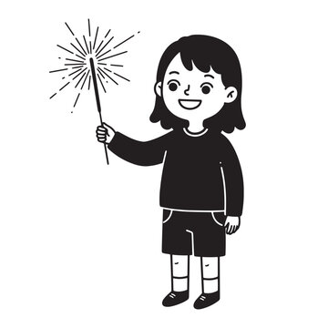 girl holding sparkler black and white clip art preview