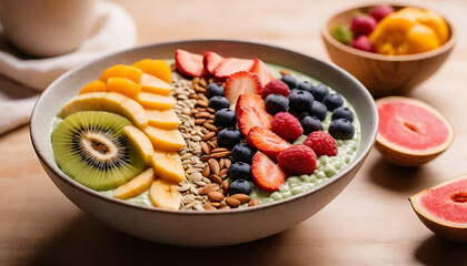 Vibrant Fruit and Seed Smoothie Bowl with Fresh Berries and Kiwi