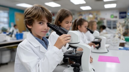 Caucasian young boy using microscope in science classroom with diverse students