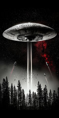 A massive UFO mothership initiates a mass abduction over a forest at night, in a retro science fiction horror poster style.