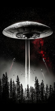 A massive UFO mothership initiates a mass abduction over a forest at night, in a retro science fiction horror poster style.