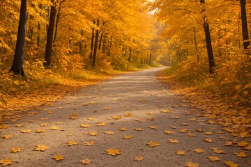 Fototapeta premium Symmetrical Autumn Avenue with Tall Trees and Yellow Foliage