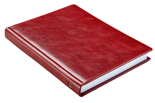 Elegant red leather bound notebook or journal with clean white pages and a metal grommet on a black background