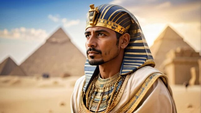 Egyptian pharaoh wearing traditional headdress and jewelry standing in front of the pyramids in the desert under a bright sky