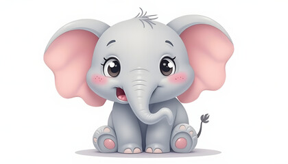 Adorable cartoon baby elephant with big eyes and trunk up. Represents cuteness, wildlife, or children's animal themes. Playful and charming.


