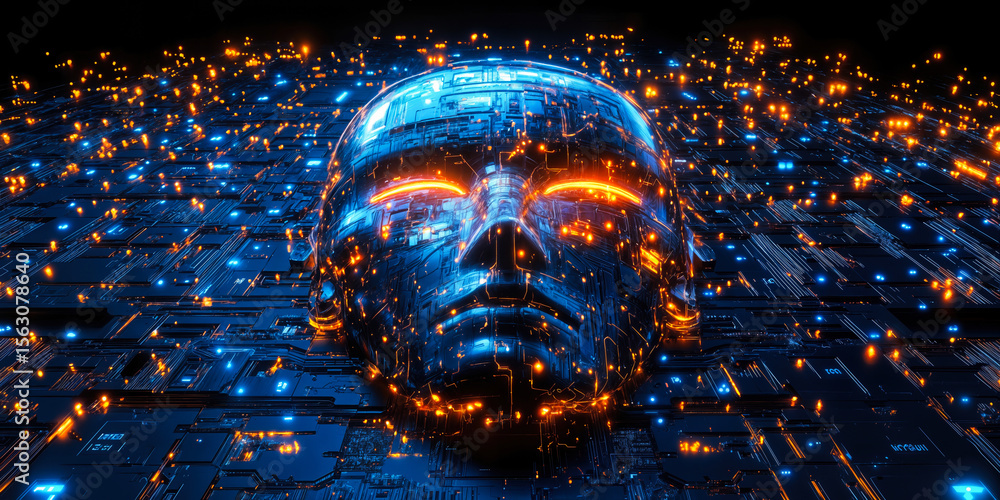 Poster futuristic digital human face with glowing orange and blue circuitry lights on electronic microchip 