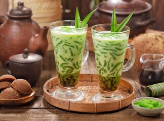 Fototapeta premium Es cendol or Es Dawet is a drink made from rice flour and so on which is formed using a filter, then mixed with sugar water and coconut milk.