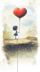 Surreal illustration of a little girl holding a red heart balloon on a broken, floating island, symbolizing a mix of love, hope, and melancholy.