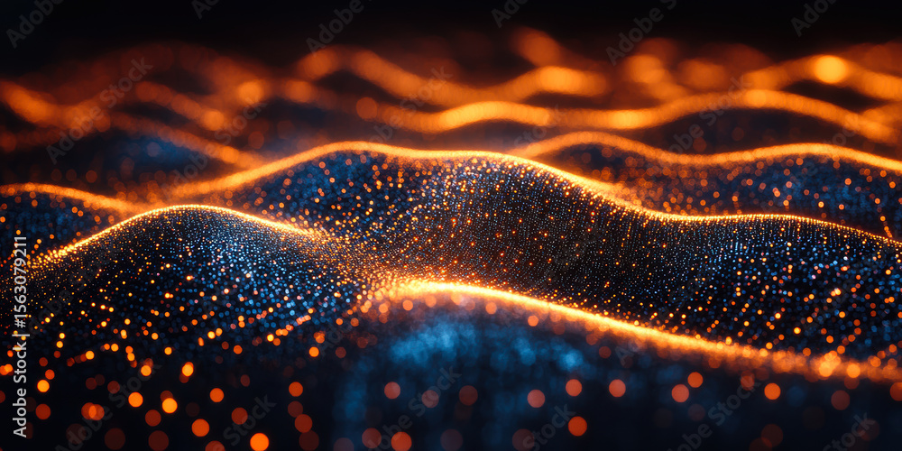 Poster abstract digital wave landscape with glowing orange and blue particle grid representing data flow an