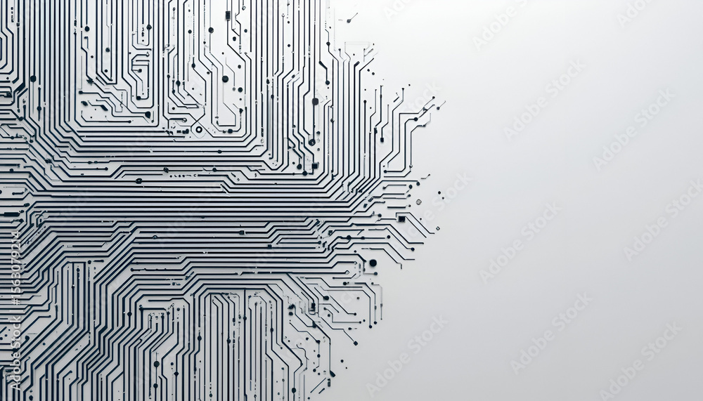 Poster elegant circuit board design features sleek lines and integrated technology on a white background, s