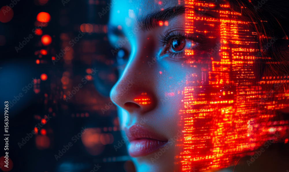 Poster close-up profile of woman face with digital data and futuristic orange red light patterns symbolizin
