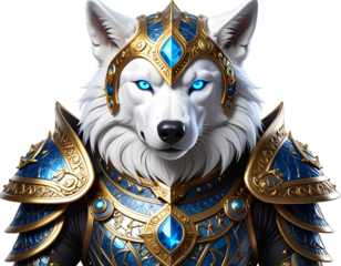 Fantasy wolf warrior character, white fur, glowing blue eyes, ornate blue and gold a transparent background.