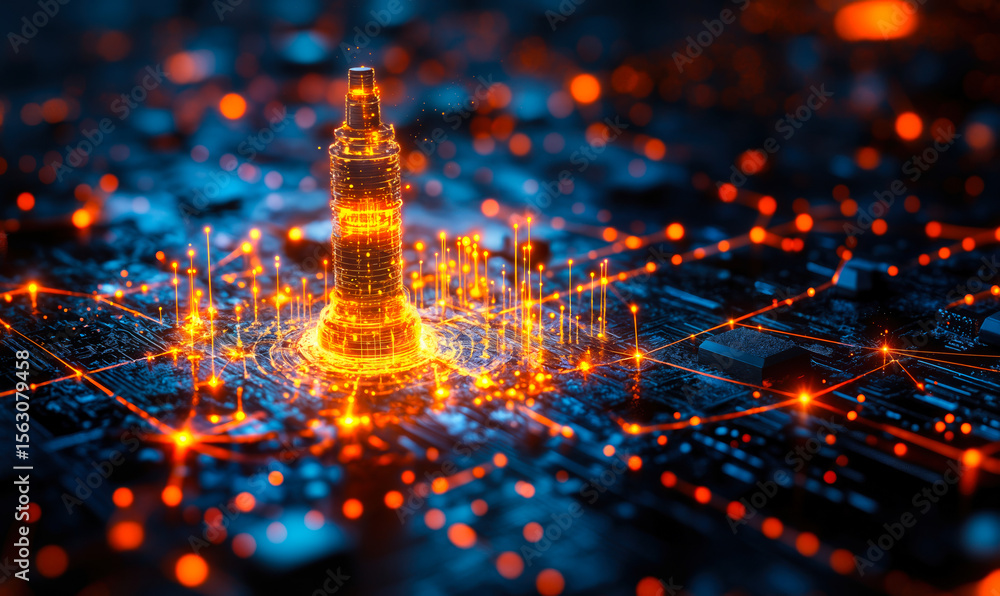 Poster futuristic digital tower with glowing orange data points on circuit board network network visualizat