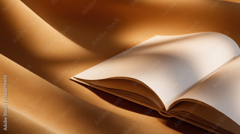 Poster open blank book resting on soft fabric, casting gentle shadows, creating a serene atmosphere