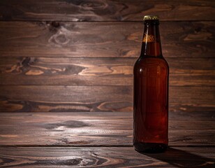 Brown Beer Bottle on Dark Wooden Surface