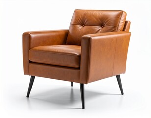 Brown leather modern and luxury armchair with metallic legs isolated on white background