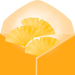 가을 안부 편지. 편지 봉투 안에 은행잎 3개가 들어있다 파스텔 감성 일러스트