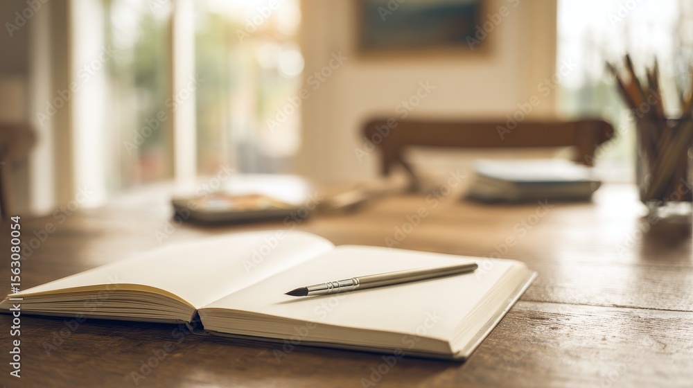 Poster a serene workspace featuring an open notebook and pen on a wooden table with soft morning light
