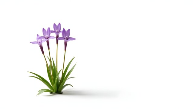Photorealistic image of a purple Dodecatheon meadia flower or plant isolated on white. Reflexed pink or purple blooms with a dark cone and green lance-shaped leaves. Botanical macro with soft light.