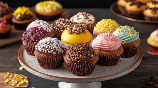 Delicious cupcakes with colorful frosting, sprinkles, displayed on stand. Use for dessert menus, bakery promotions, or any food related projects.