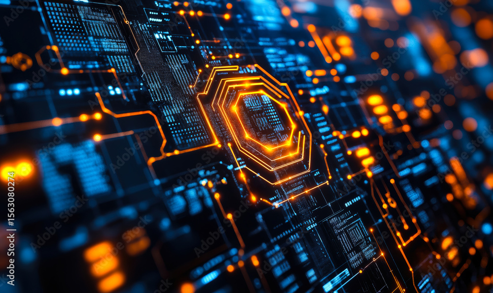 Poster futuristic digital circuit board with glowing orange and blue technology patterns and data connectio