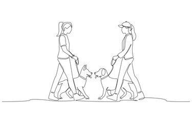 Continuous one line drawing of dog owners introducing their dogs to each other, dog meeting concept, single line art