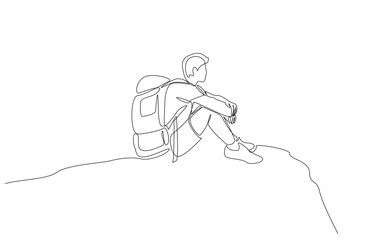 Continuous one line drawing of backpacker sitting on top of mountain enjoying nature, nature tourism concept, single line art