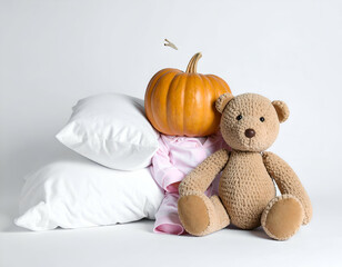 Adorable Pumpkin in Pajamas with Teddy Bear A Cozy Autumn Nighttime Scene