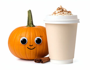 Cute Pumpkin Spice Latte A Happy Autumn Cartoon Veggie with Big Eyes