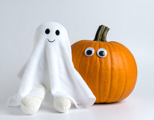 Kawaii Halloween Pumpkin with Googly Eyes and Ghost Plushie Spooky Cute Veggie Fun