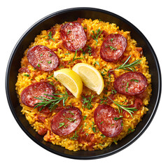 Delicious chorizo and lemon paella in a black bowl