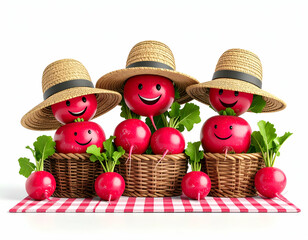 Happy Radishes Picnic Cute Cartoon Radishes in Straw Hats Enjoying a Summer Day