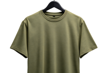 Plain olive green short sleeve t shirt hanging on a black hanger isolated on transparent background