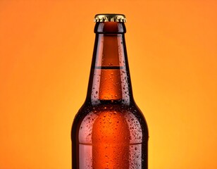 Closeup of a Dark Brown Glass Bottle with Condensation on an Orange Background