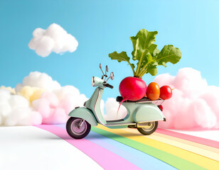 Radish Rides Rainbow Scooter Playful Pastel Vegetable Adventure