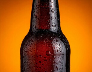 Closeup of a Dark Brown Glass Bottle with Condensation on an Orange Background