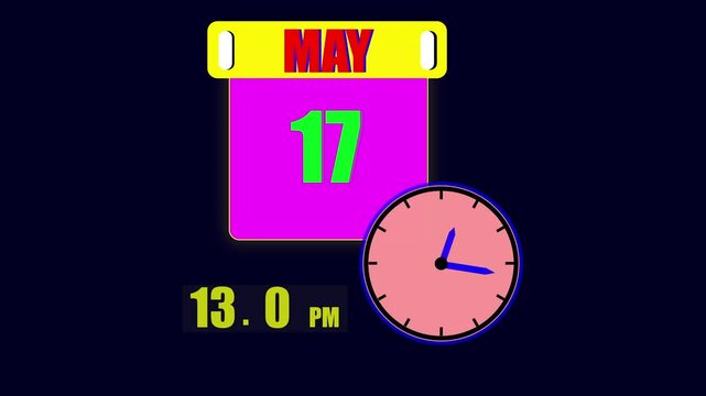 Calendar displaying May 17th day with a clock and 24 hours counting the current time on a dark background.