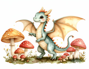 Whimsical Baby Dragon Dancing Amongst Glowing Mushrooms A Fairytale Illustration