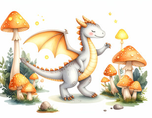 Whimsical Baby Dragon Dancing Among Glowing Mushrooms in a Fairytale Field