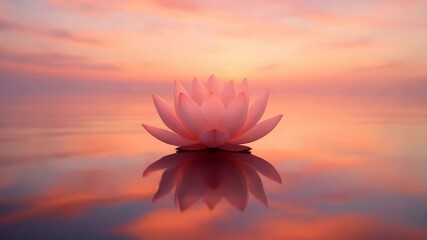A pink lotus flower floats serenely on calm water, surrounded by a soft, colorful sunset sky.